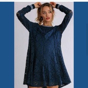 New UMGEE S M L Teal Blue Lace Gored Sporty Stripe Trim Lined Flirt Party Dress